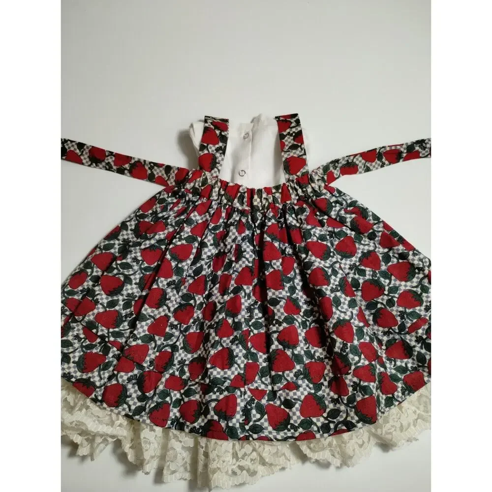 Vintage Doll Apron Dress -Strawberries - over White Slip Dress - 12